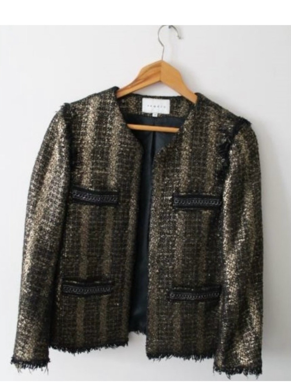 Sandro Tweed Metallic Gold Fringe Blazer Size 40/ Large